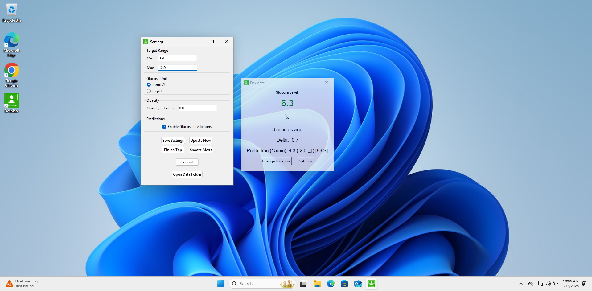 DexMate on Windows with settings window